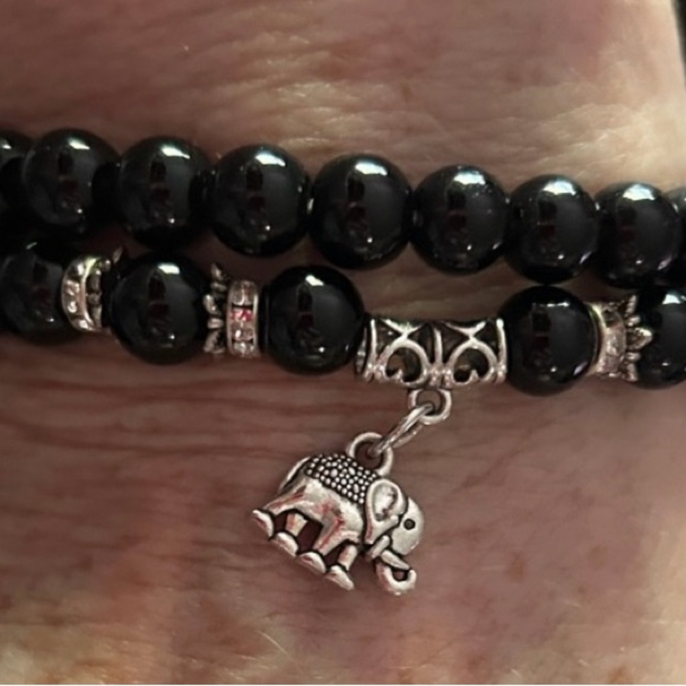 Black Beaded Bracelets with Elephant Charm